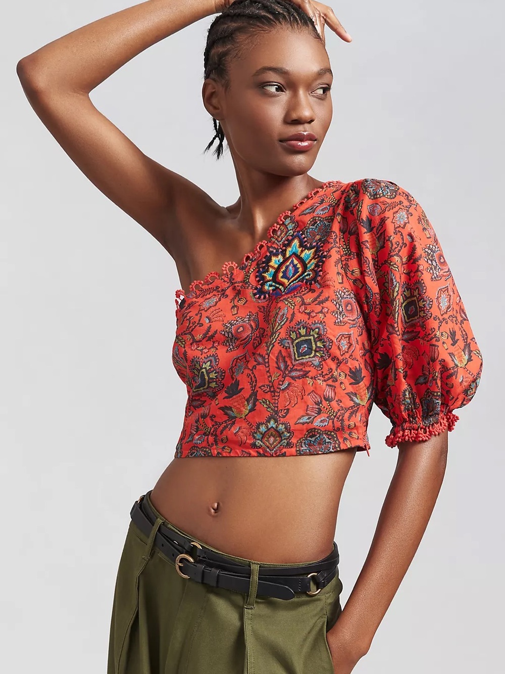 Anthropologie Farm Rio Bright Red Floral One Shoulder Crop Top L